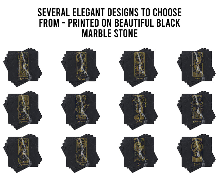 Krebs Bar Coaster Set of 4-4" Black Marble Stone |  Zodiac Tarot | Birthday Gift