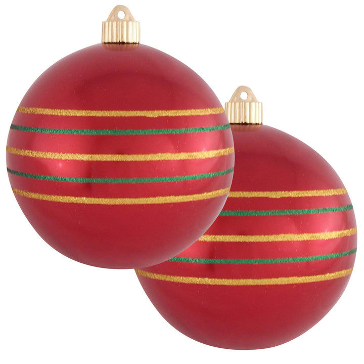 Christmas By Krebs 6" (150mm) Ornament, [2 Pieces], Commercial Grade Indoor and Outdoor Shatterproof Plastic, Water Resistant Decorated Ball Shape Ornament Decorations (Sonic Red With Stripes)