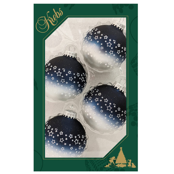 Glass Christmas Tree Ornaments - 67mm/2.63" [4 Pieces] Decorated Balls from Christmas by Krebs Seamless Hanging Holiday Decor (Blue & Silver w/ White Glitter Star Band)