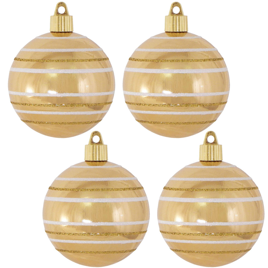 Christmas By Krebs 3 1/4" (80mm) Ornament [4 Pieces] Commercial Grade Indoor and Outdoor Shatterproof Plastic, Water Resistant Ball Shape Ornament Decorations (Gold with Stripes)