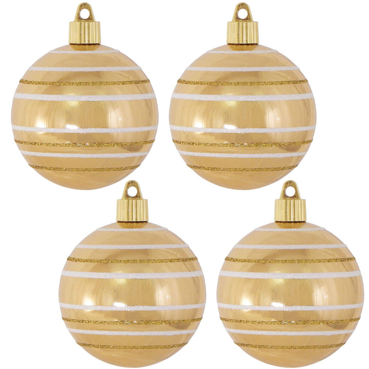 Christmas By Krebs 3 1/4" (80mm) Ornament [4 Pieces] Commercial Grade Indoor and Outdoor Shatterproof Plastic, Water Resistant Ball Shape Ornament Decorations (Gold with Stripes)