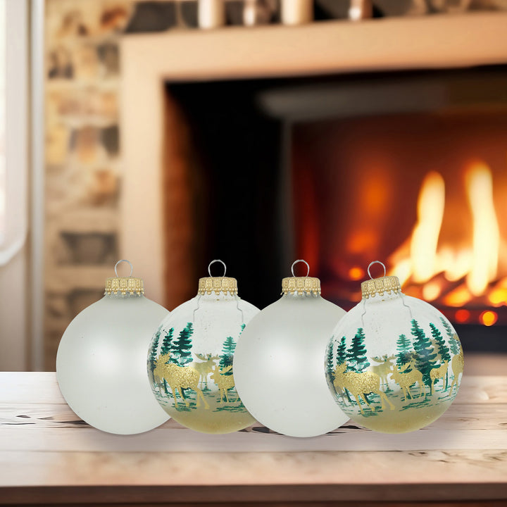 Glass Christmas Tree Ornaments - 67mm / 2.63" [8 Pieces] Designer Balls from Christmas By Krebs Seamless Hanging Holiday Decor (Snow White with Moose Scene)