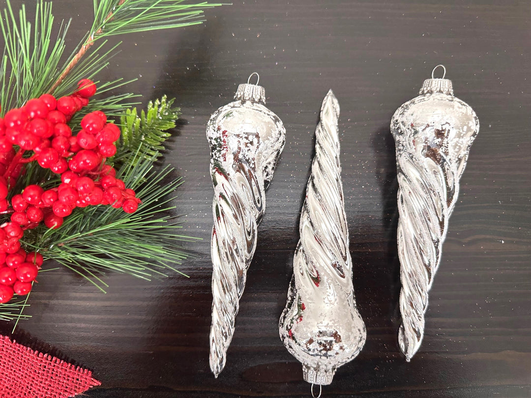 Glass Christmas Tree Ornaments - Decorated from Christmas by Krebs - Handmade Seamless Hanging Holiday Decorations for Trees (6" Bright Silver & White Glitter Twisted Icicles [3 Pieces])