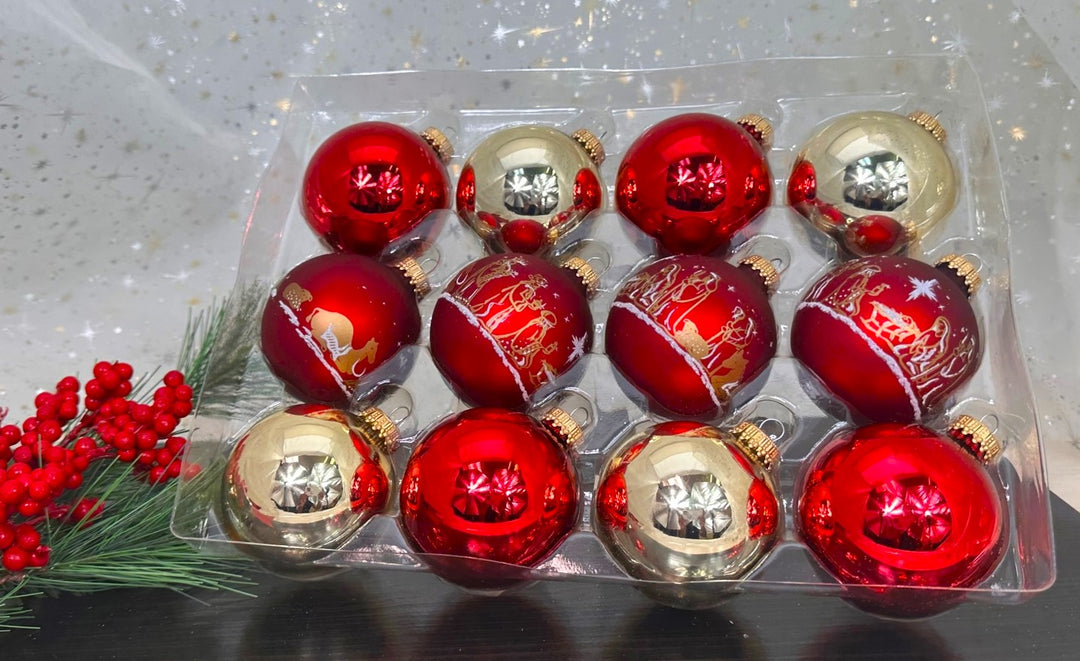 Glass Christmas Tree Ornaments - 67mm/2.63" Designer Balls from Christmas by Krebs - Seamless Hanging Holiday Decorations for Trees - Set of 12 Ornaments (Red and Gold with Nativity Scene)