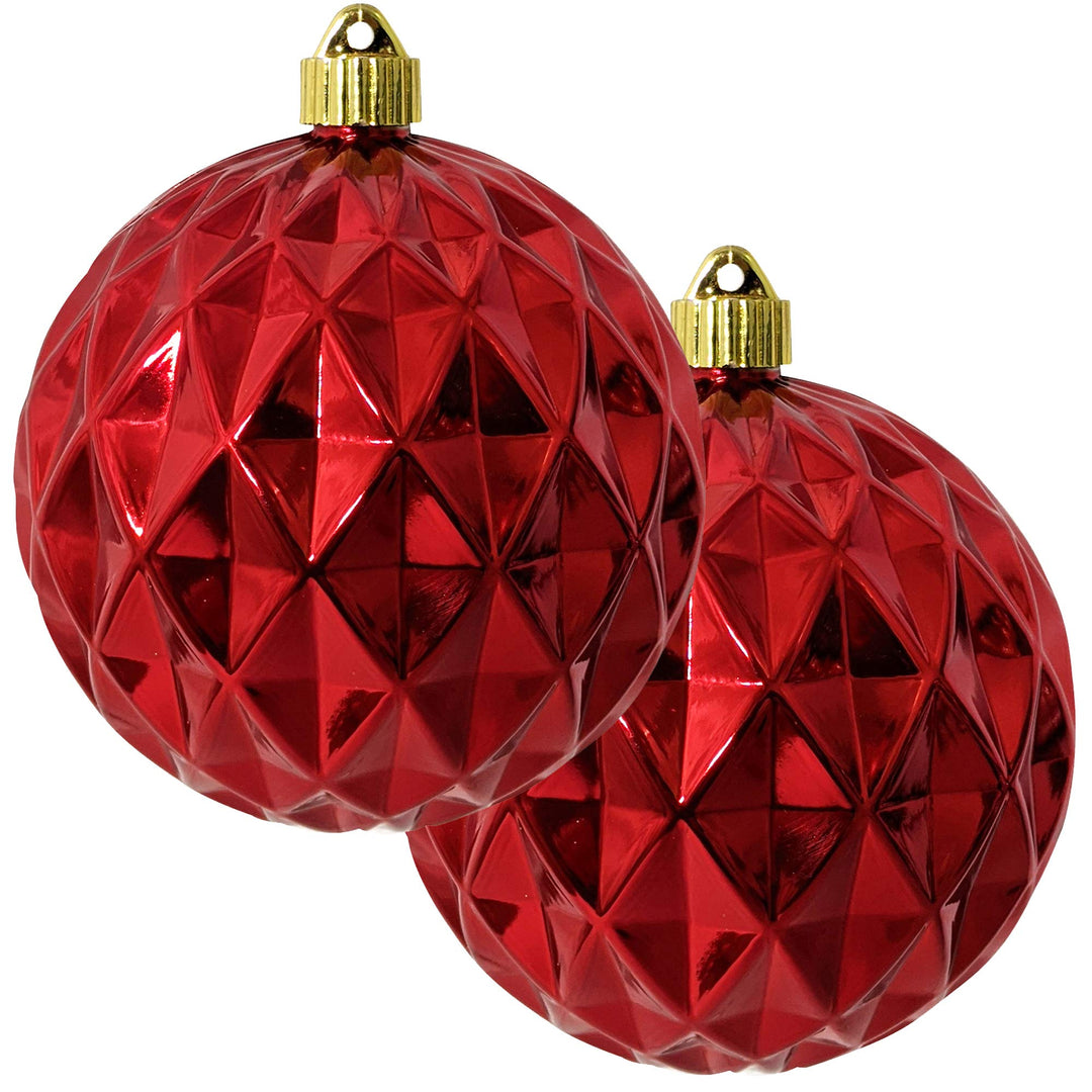 Christmas By Krebs 6" (150mm) Diamond Shiny Sonic Red [2 Pieces] Solid Commercial Grade Indoor and Outdoor Shatterproof Plastic, UV and Water Resistant Ball Ornament Decorations