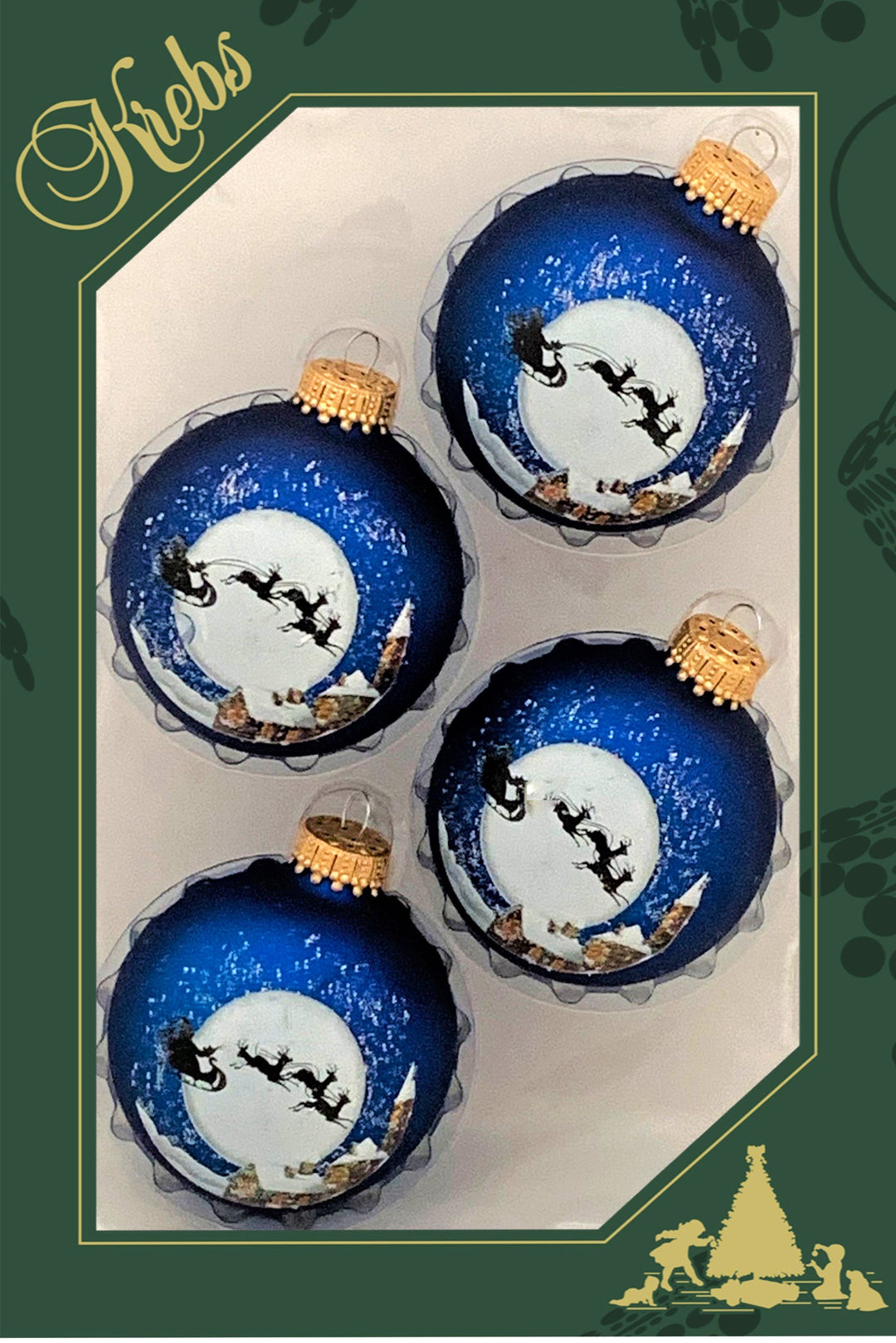 Glass Christmas Tree Ornaments - 67mm/2.63" [4 Pieces] Decorated Balls from Christmas by Krebs Seamless Hanging Holiday Decor (Navy Velvet Blue with Santa's Sleigh)