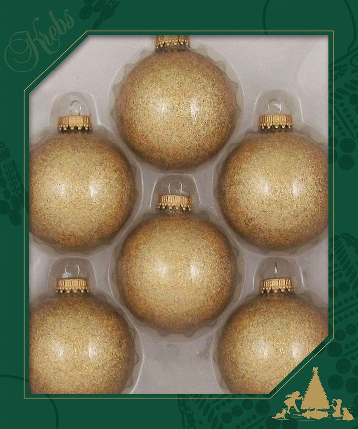 Christmas Tree Ornaments - 67mm / 2.625" [6 Pieces] Designer Glass Baubles from Christmas By Krebs - Handcrafted Seamless Hanging Holiday Decor for Trees (Gold Sparkle)