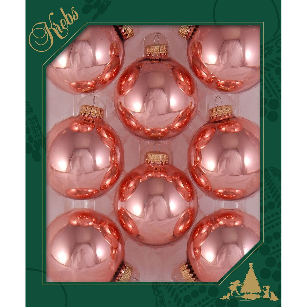 Christmas Tree Ornaments - 67mm / 2.625" [8 Pieces] Designer Glass Baubles from Christmas By Krebs - Handcrafted Seamless Hanging Holiday Decor for Trees (Shiny Tea Rose Pink)