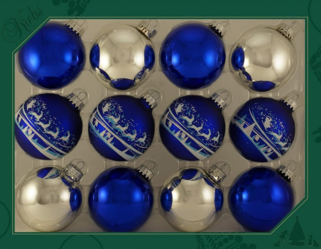 Glass Christmas Tree Ornaments - 67mm/2.63" Designer Balls from Christmas by Krebs - Seamless Hanging Holiday Decorations for Trees - Set of 12 Ornaments (Blue & White with Santa Over Village)