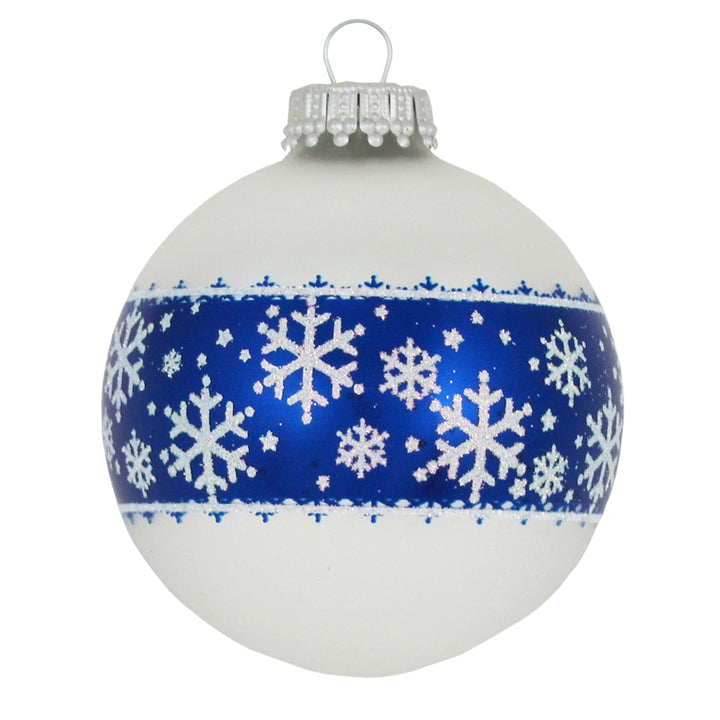 Glass Christmas Tree Ornaments - 67mm/2.63" [4 Pieces] Decorated Balls from Christmas by Krebs Seamless Hanging Holiday Decor (Sterling Silver with Blue Snowflake Lace Band)