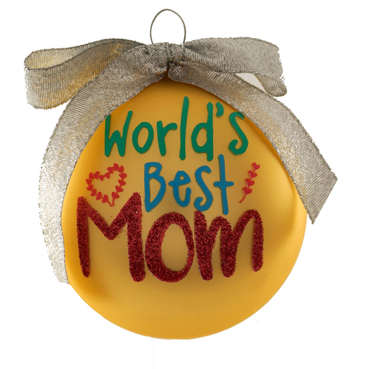 3 1/4" Yellow Glass Ornament with World's Best Mom