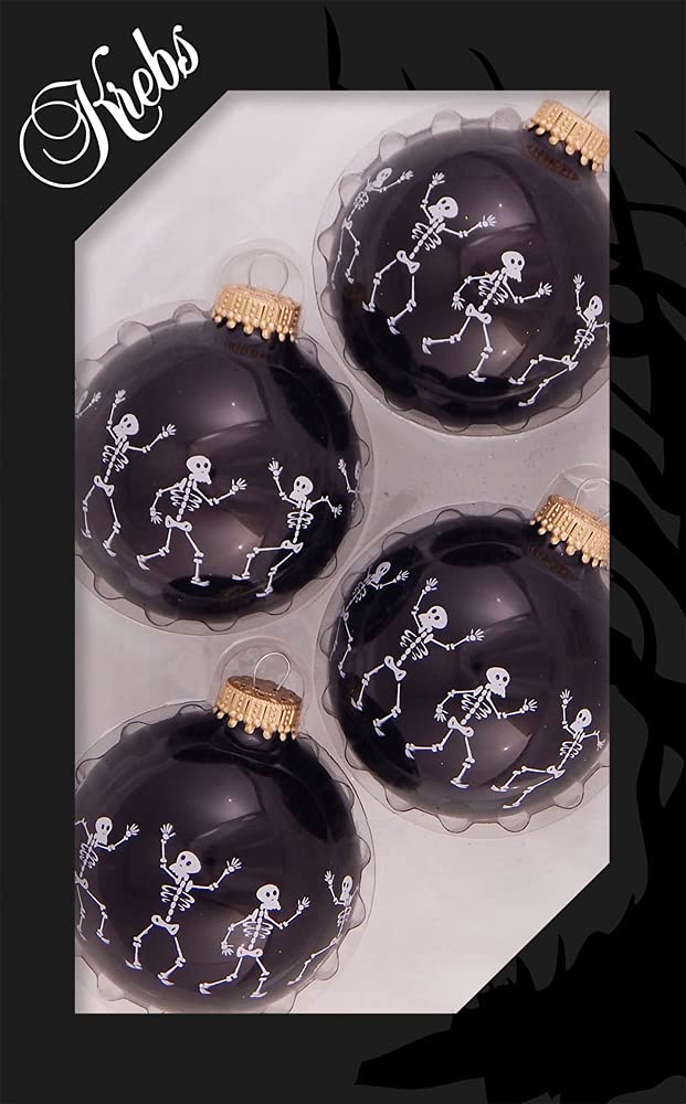 Halloween Tree Ornaments - 67mm/2.625" Decorated Glass Balls from Christmas by Krebs - Handmade Seamless Hanging Holiday Decorations for Trees - Set of 4 (Shiny Ebony Black with Dancing Skeletons)