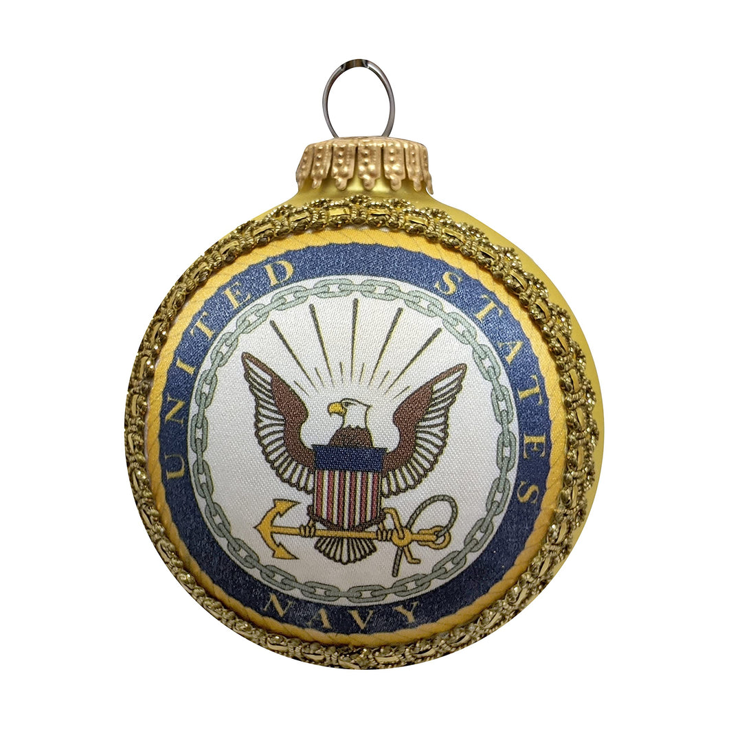 Christmas Tree Ornaments Made in the USA - 80mm / 3.25" Decorated Collectible Glass Balls from Christmas by Krebs - Handmade Hanging Holiday Decorations for Trees (Navy Emblem and Hymn, Silk)