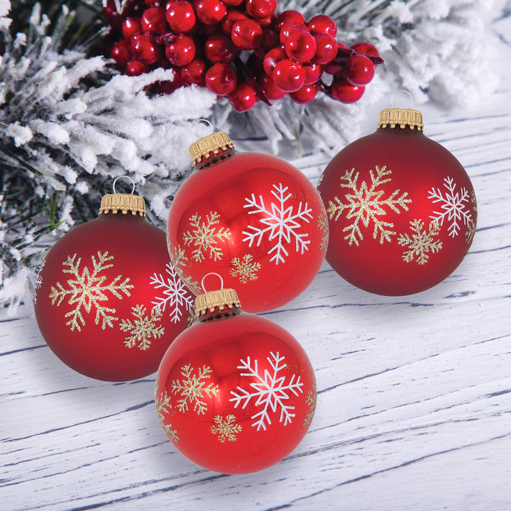 Glass Christmas Tree Ornaments - 67mm/2.63" [4 Pieces] Decorated Balls from Christmas by Krebs Seamless Hanging Holiday Decor (Christmas Red & Red Velvet Snowflakes)