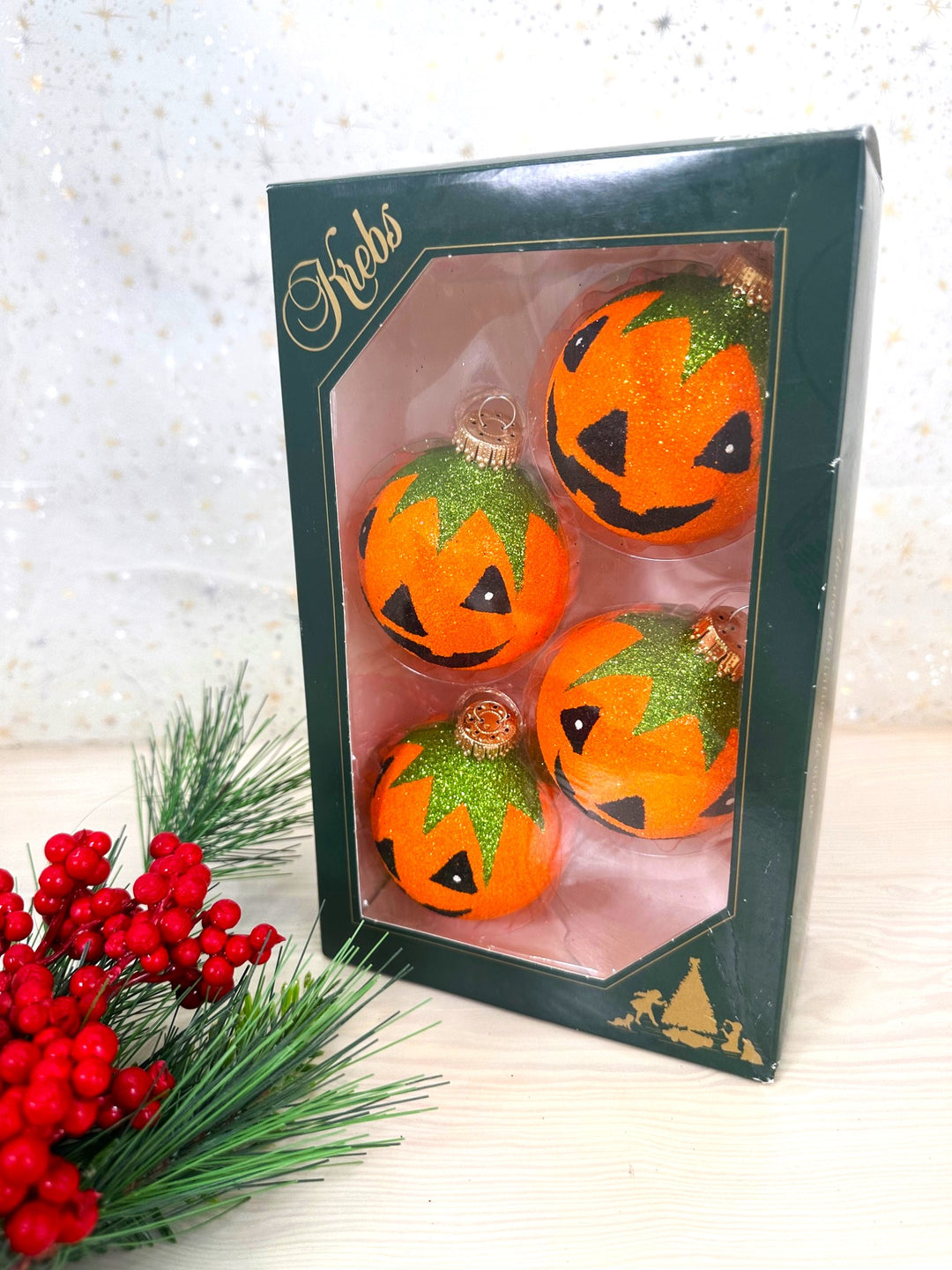 Halloween Tree Ornaments - 67mm/2.625" Decorated Glass Balls from Christmas by Krebs - Handmade Seamless Hanging Holiday Decorations for Trees - Set of 4 (Orange Glitter Jack-O-Lantern)