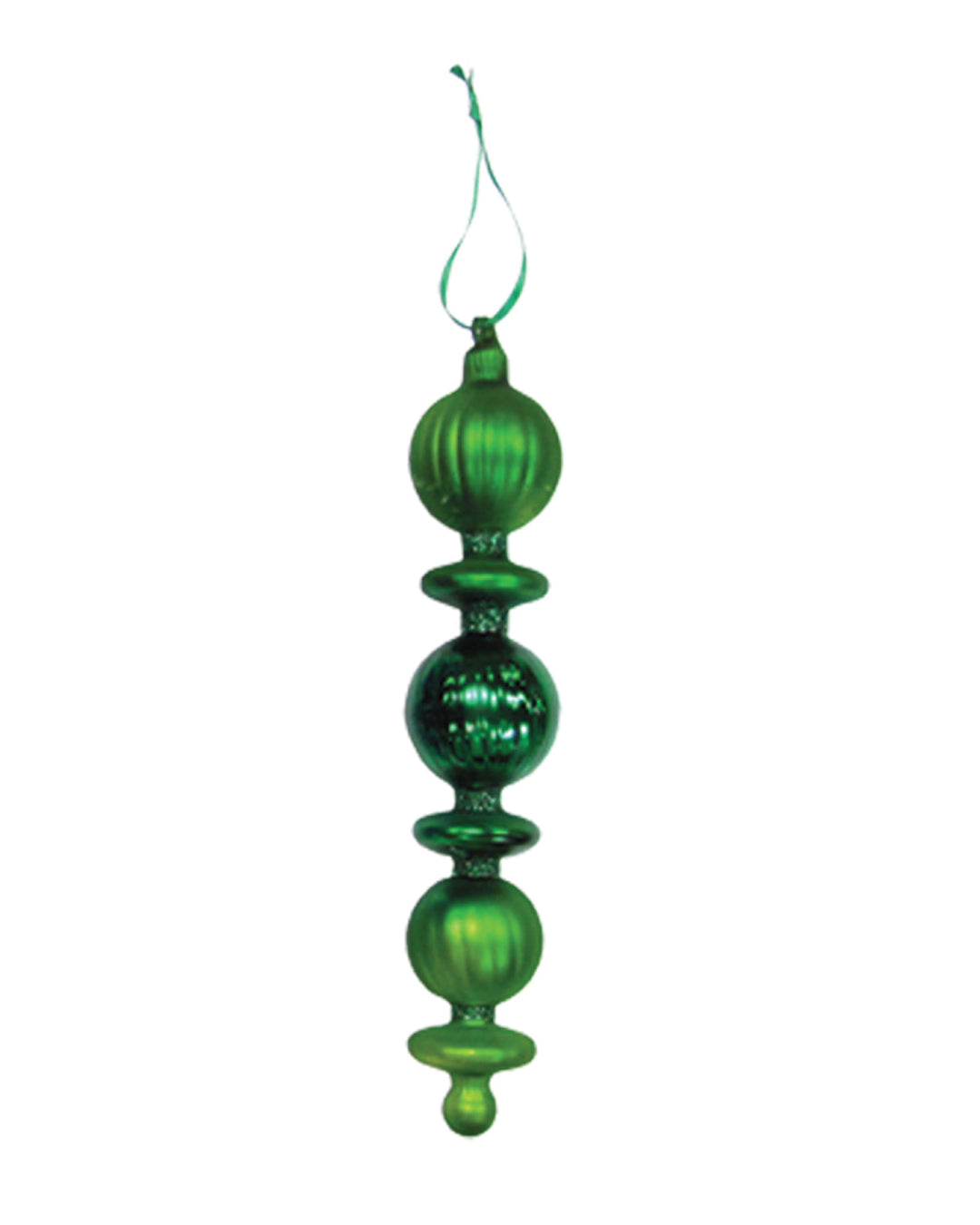 8 3/4" Large Ripple Ball and Disc Finial Glass Christmas Ornaments, Emerald Green