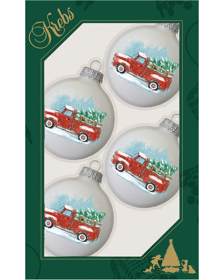 Glass Christmas Tree Ornaments - 67mm/2.625" [4 Pieces] Decorated Balls from Christmas by Krebs Seamless Hanging Holiday Decor (Classic White Velvet with Red Vintage Watercolor Truck)