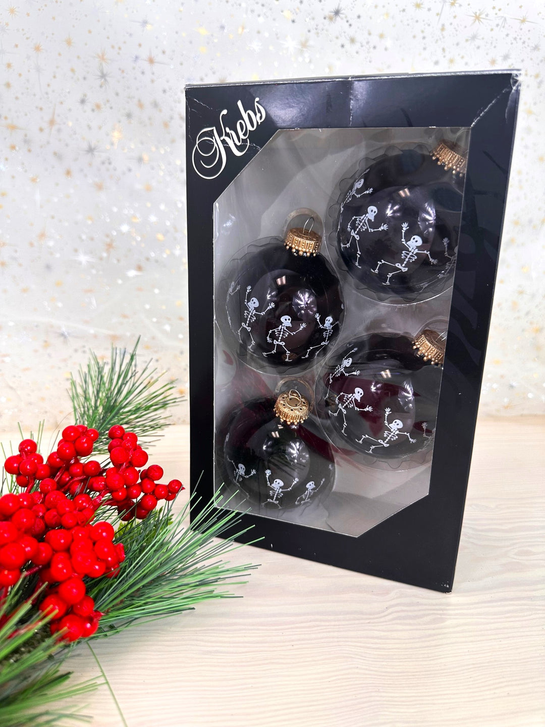 Halloween Tree Ornaments - 67mm/2.625" Decorated Glass Balls from Christmas by Krebs - Handmade Seamless Hanging Holiday Decorations for Trees - Set of 4 (Shiny Ebony Black with Dancing Skeletons)