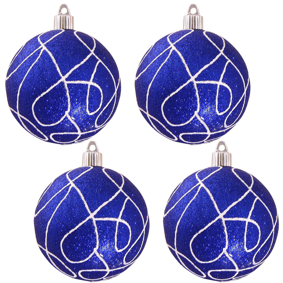 Christmas By Krebs 4" (100mm) Ornament [4 Pieces] Commercial Grade Indoor and Outdoor Shatterproof Plastic, Water Resistant Ball Decorated Ornaments (Dark Blue Glitter & Loops)