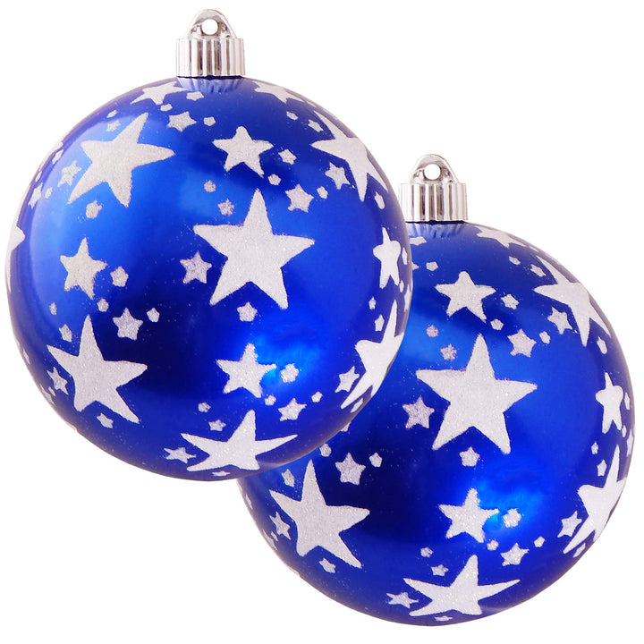 Christmas By Krebs 6" (150mm) Ornament, [2 Pieces], Commercial Grade Indoor and Outdoor Shatterproof Plastic, Water Resistant Decorated Ball Shape Ornament Decorations (Azure Blue with Stars)