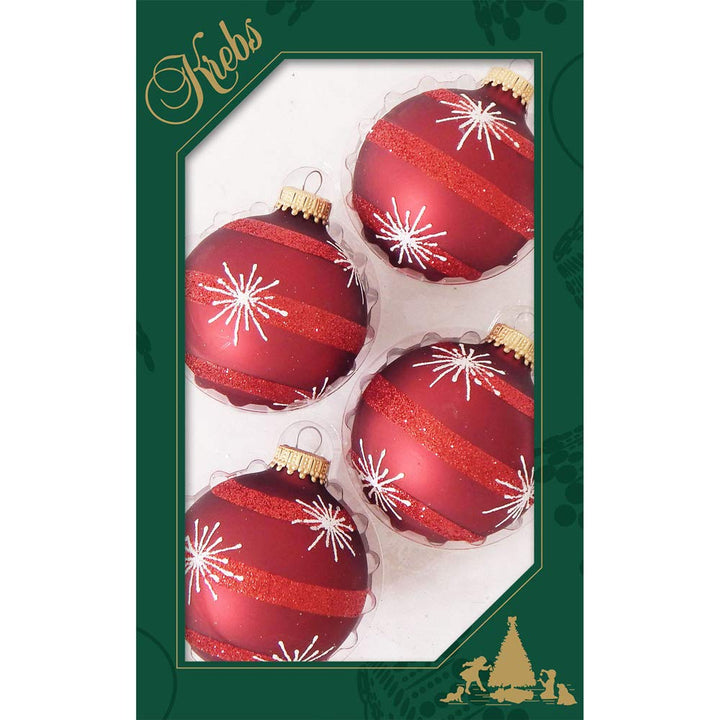 Glass Christmas Tree Ornaments - 67mm/2.63" [4 Pieces] Decorated Balls from Christmas by Krebs Seamless Hanging Holiday Decor (Red Velvet with Starbursts and Stripes)