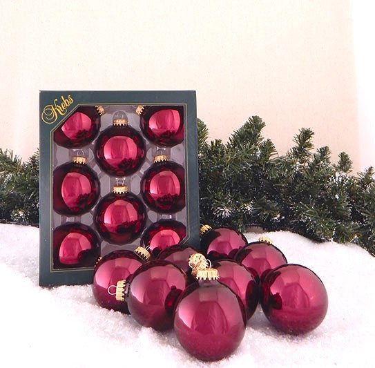 Glass Christmas Tree Ornaments - 67mm / 2.63" [8 Pieces] Designer Balls from Christmas By Krebs Seamless Hanging Holiday Decor (Shiny Burgundy Red)
