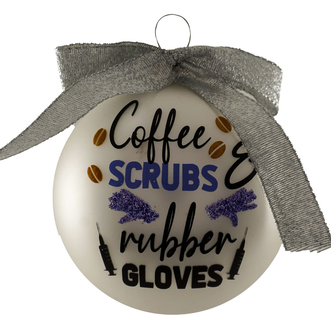 3 1/4" White Glass Ornament with Coffee, Scrubs, Rubber Gloves