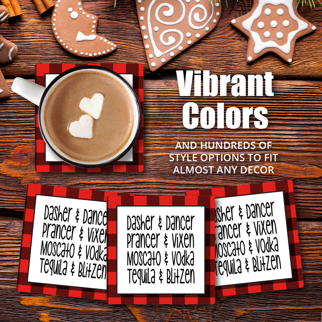 [Set of 4] 4" Premium Absorbent Ceramic Square Christmas Holiday Humor Gift Housewarming Coasters - Dasher & Dancer