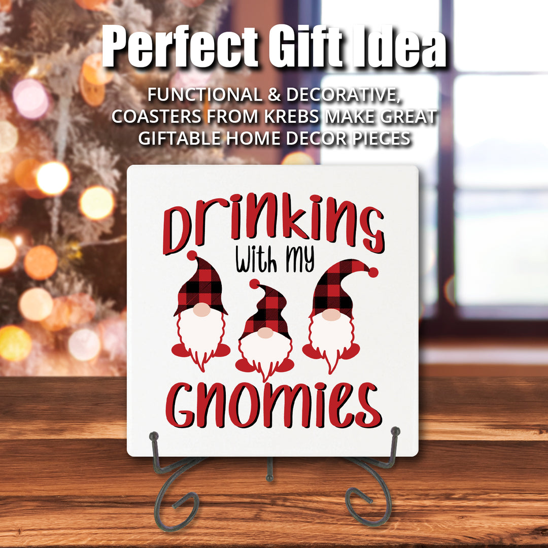 [Set of 4] 4" Premium Absorbent Ceramic Square Christmas Holiday Humor Gift Housewarming Coasters - Drinking With My Gnomies