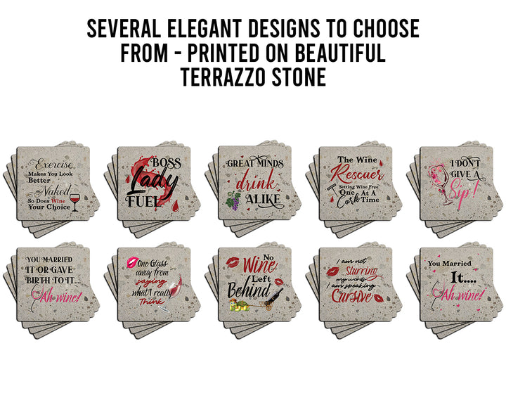 4" "Hilarious Wine Coasters" Terrazo Coasters, Set of 4 Pieces