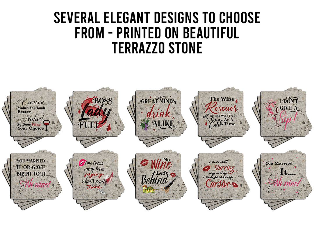 4" "Hilarious Wine Coasters" Terrazo Coasters, Set of 4 Pieces