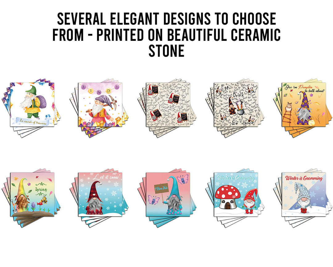 [Set of 4] 4" Premium Absorbent Ceramic Square Coaster Set | "Gnomes" Collection Coasters| Set of 4