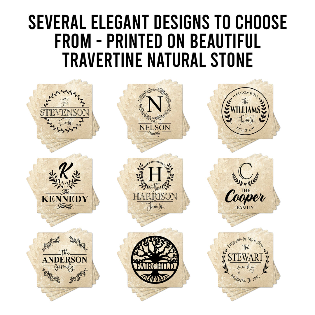 4" Personalized Family  Stone Coasters with Split Tree Name, Set of 4