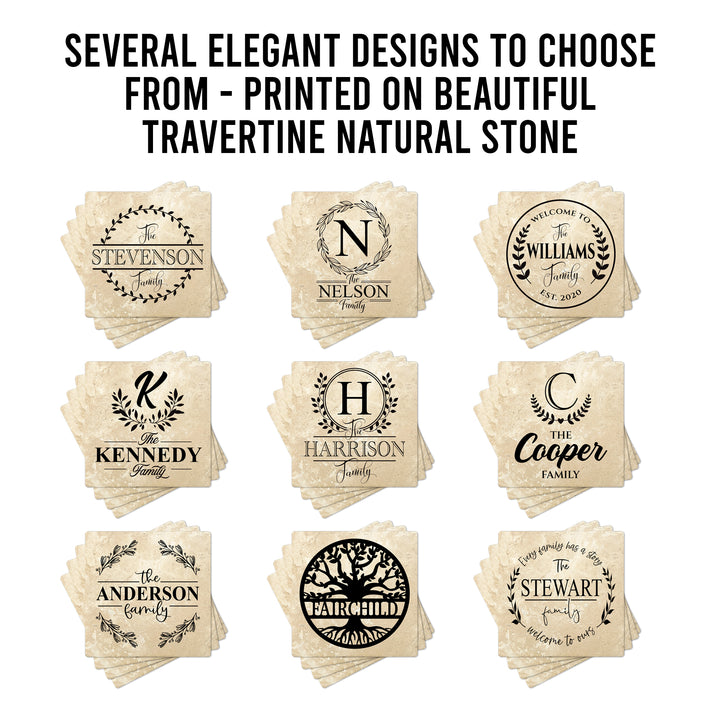 4" Personalized Family  Stone Coasters with Split Leaf Circle, Set of 4