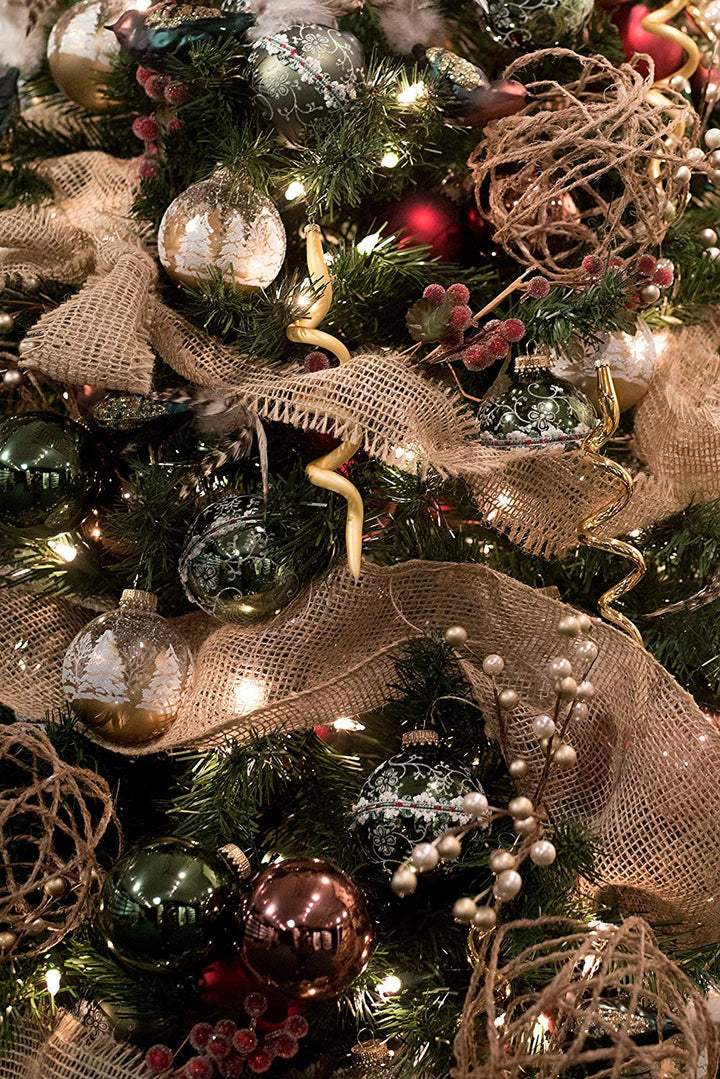 Woodland themed glass ornaments decorating kit on tree closeup